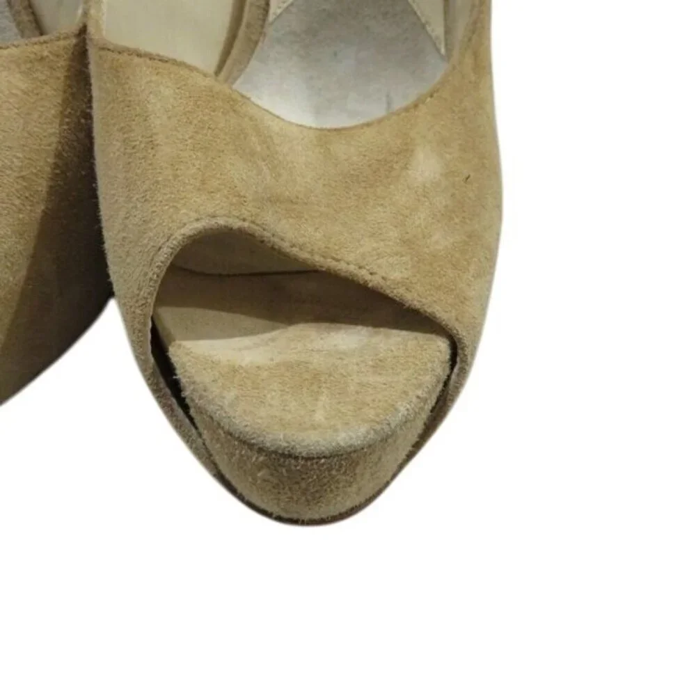 BRIAN ATWOOD Taupe Tan Suede Leather Studded Platform Slingback Peep Toe Pumps